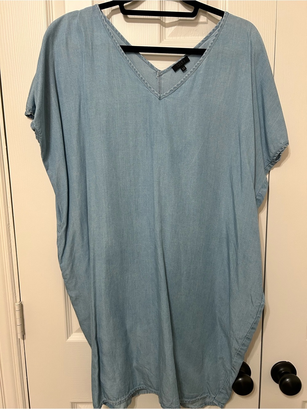 NEW Sen Light Blue V-Neck denim oversized Mini Dress XS pockets casual relaxed